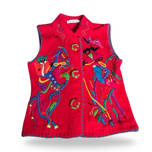 Michael Simon Bright Cherry Red Sleeveless Embroidered Cardigan Beaded Horse - Picture 1 of 16